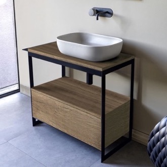 Console Bathroom Vanity Console Sink Vanity With Ceramic Vessel Sink and Natural Brown Oak Drawer Scarabeo 1804-SOL3-89